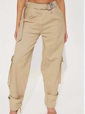 LABIJOU Cargo Pants Women’s Size M Khaki Beige Utility Belted Multi-Pocket